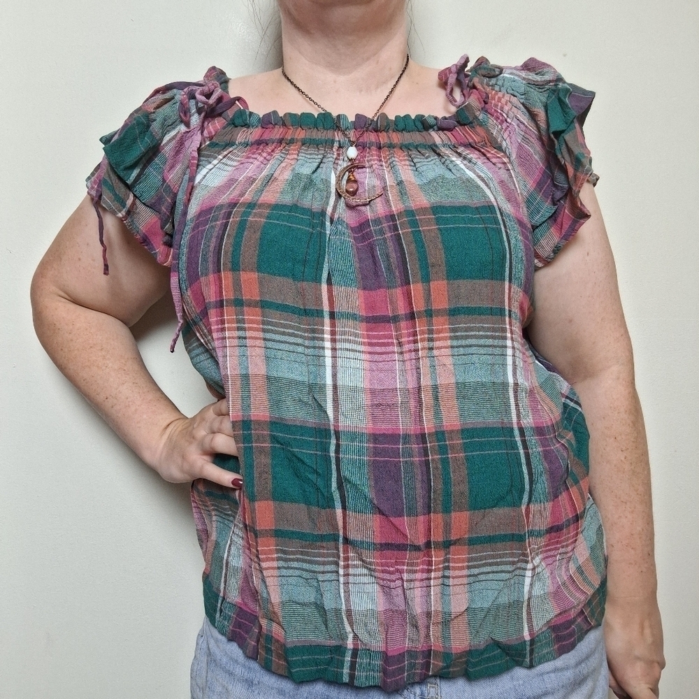 LOFT Off The Shoulder Shoulder Tie Plaid Blouse